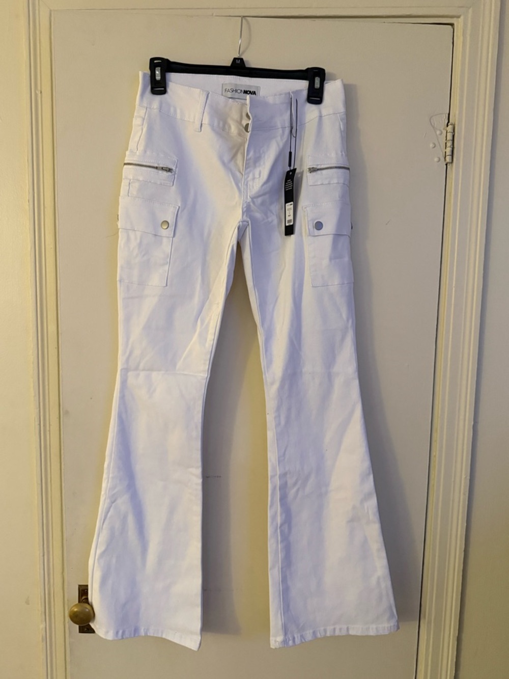 Fashion Nova White Cargo Flare Jeans